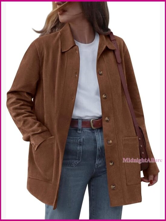 Jackets & Blazers - Faux Suede Jacket Women Long Sleeve Button Down Relaxed Fit Lightweight